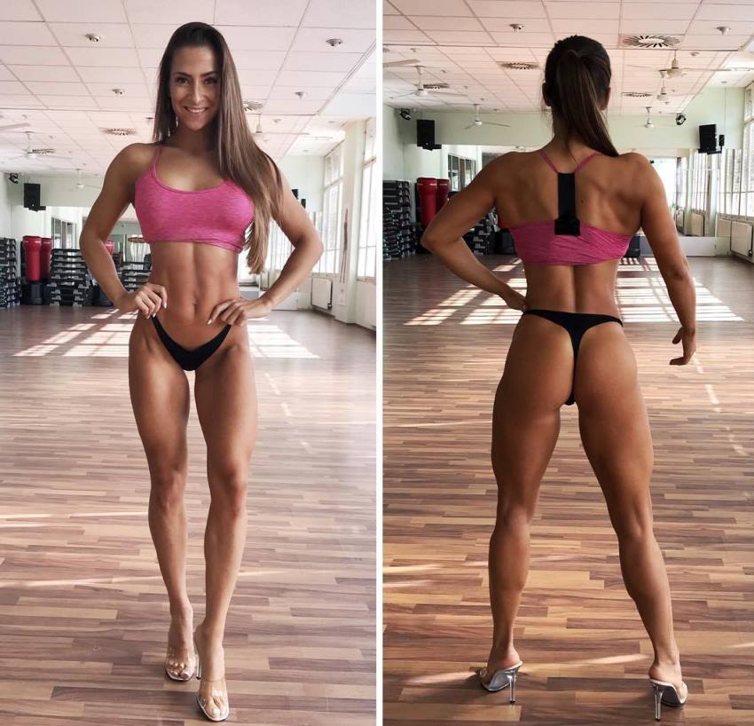 Timea Trajtelova practicing posing for a bikini contest