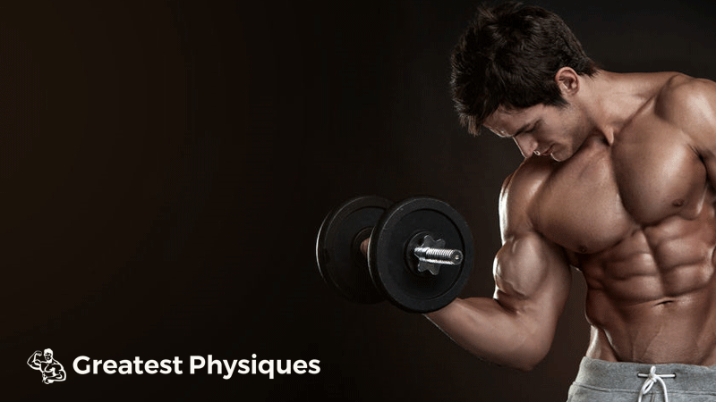 Young athlete performs arm curls on a brown background