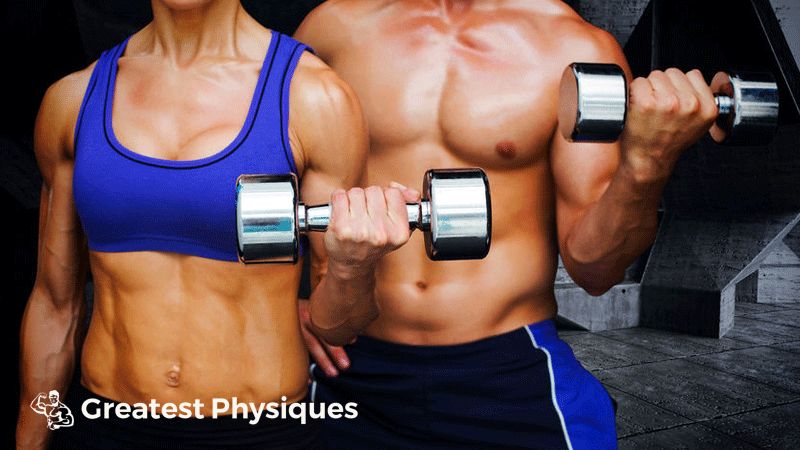 Man and woman holding dumbbells and showing off their muscles