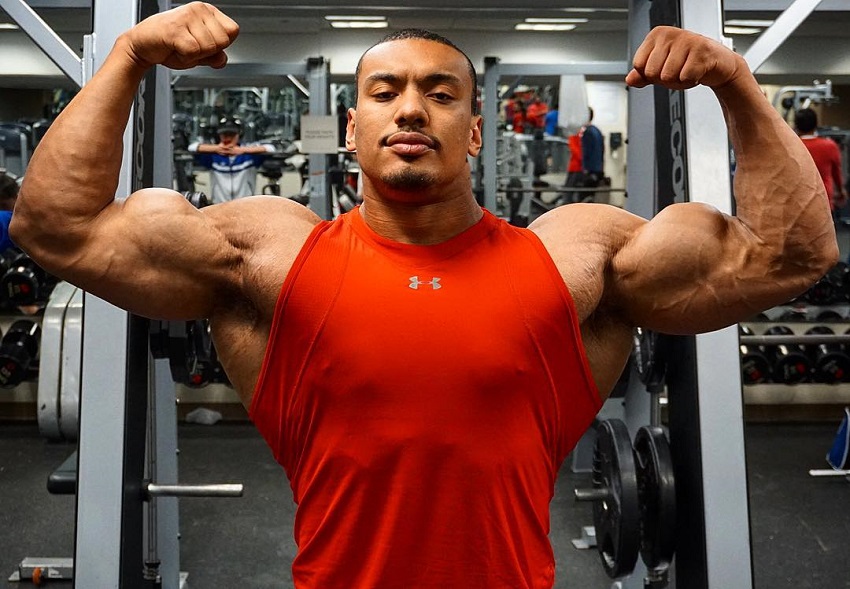 Larry Wheels doing a front double biceps pose