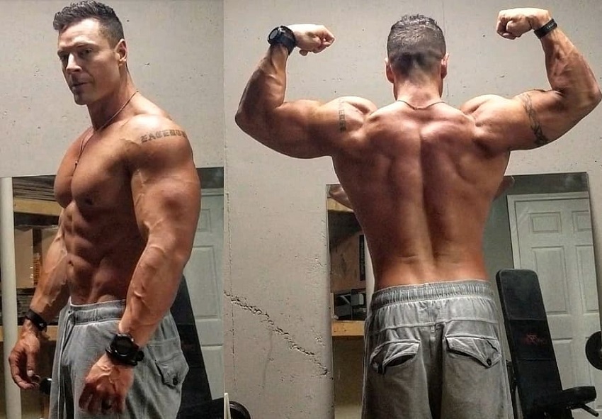 Micah Lacerte in two different shirtless poses looking muscular and ripped