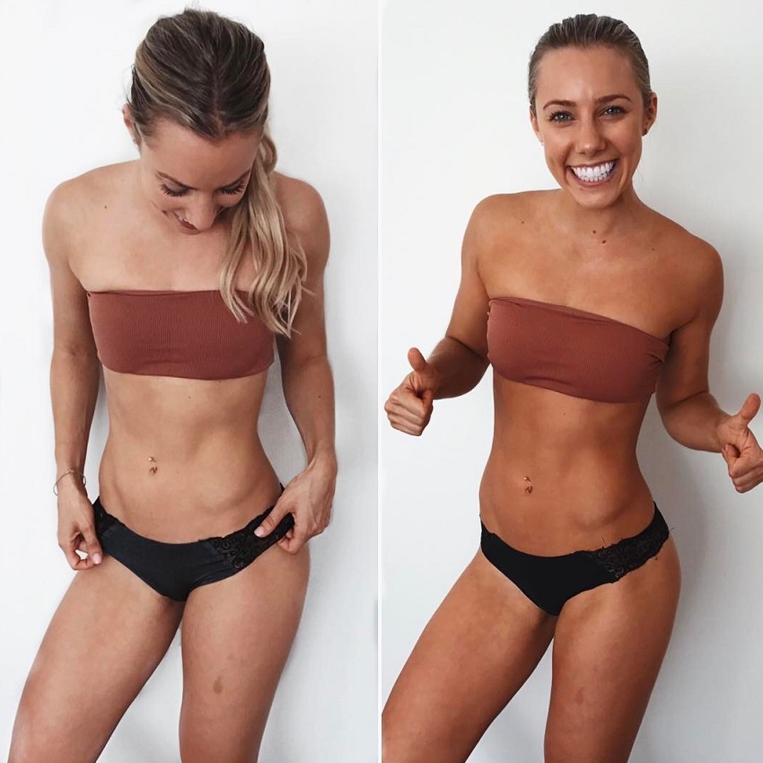 Sarah Day in two different poses showing off her lean physique