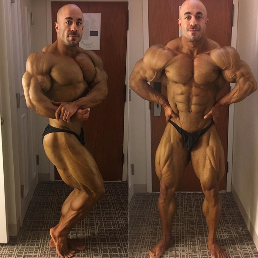 Sasan Heirati performing shirtless poses, practicing for a contest