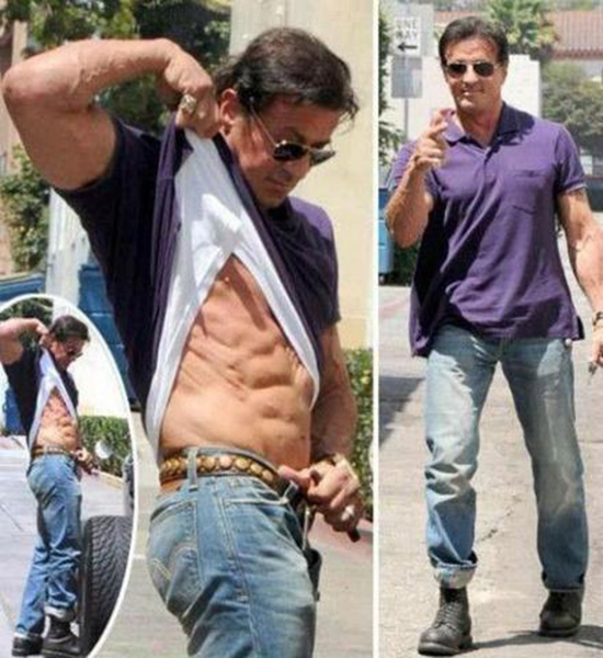 Sylvester Stallone showing off his abs to the public