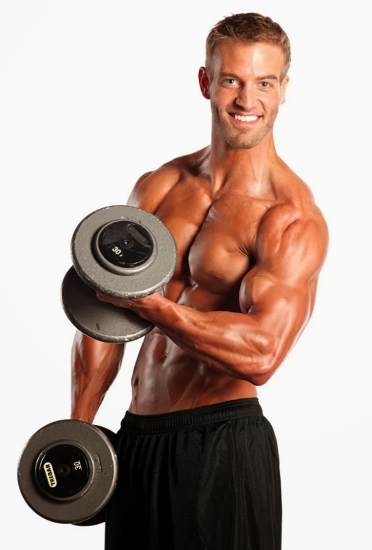 Ben Booker posing in a photo shoot with dumbbells in his hands, looking muscular