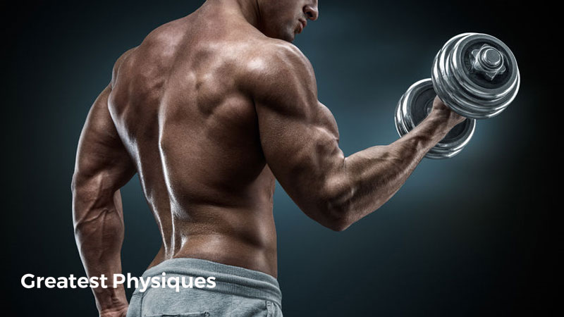 Bodybuilder performs single arm bicep curl on a blue background