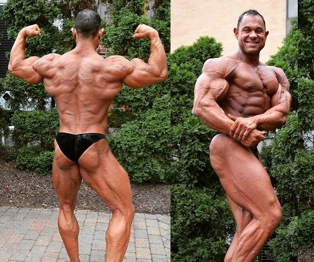 Matt Porter in two different poses flexing his ripped and big muscles