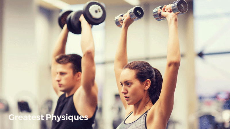 Sport, fitness, gym users man and woman with dumbbells flexing muscles in gym