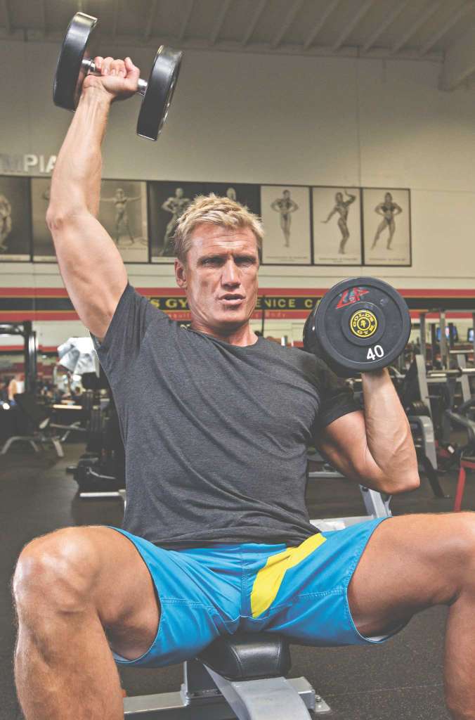 Dolph Lundgren doing sholder press in Gold's Gym Venice