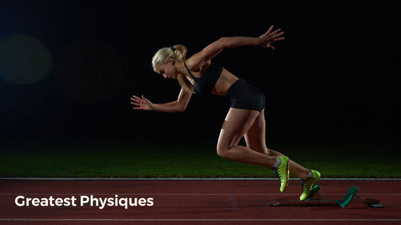 Blonde-haired, female athlete sprinting from blocks on a black background