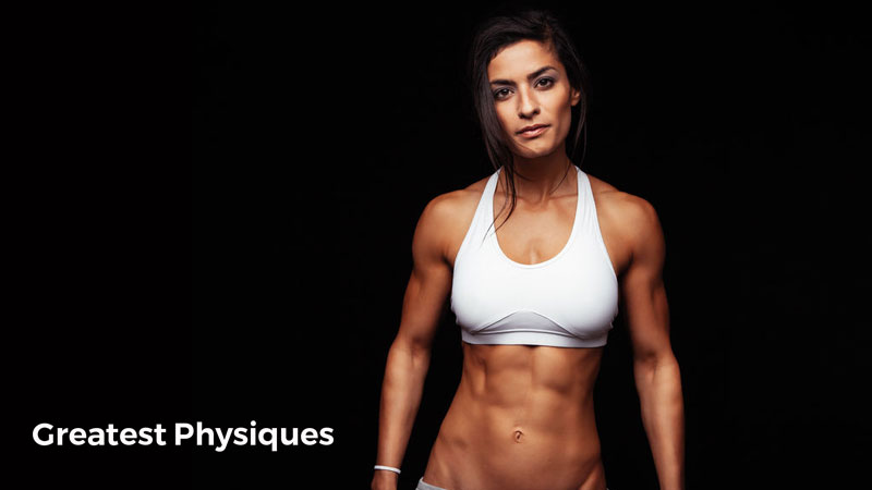 Female bodybuilder posing with lean muscle six pack abs on black background