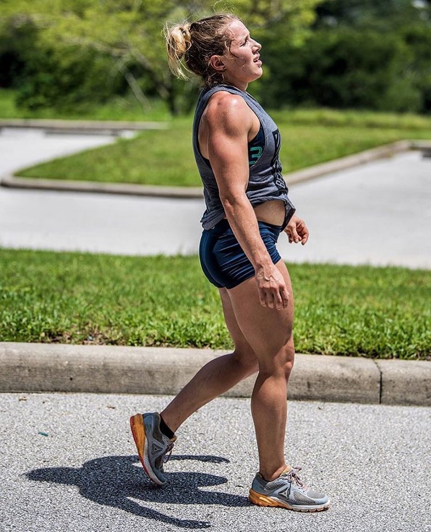 Alexis Johnson walking down the street looking fit and strong