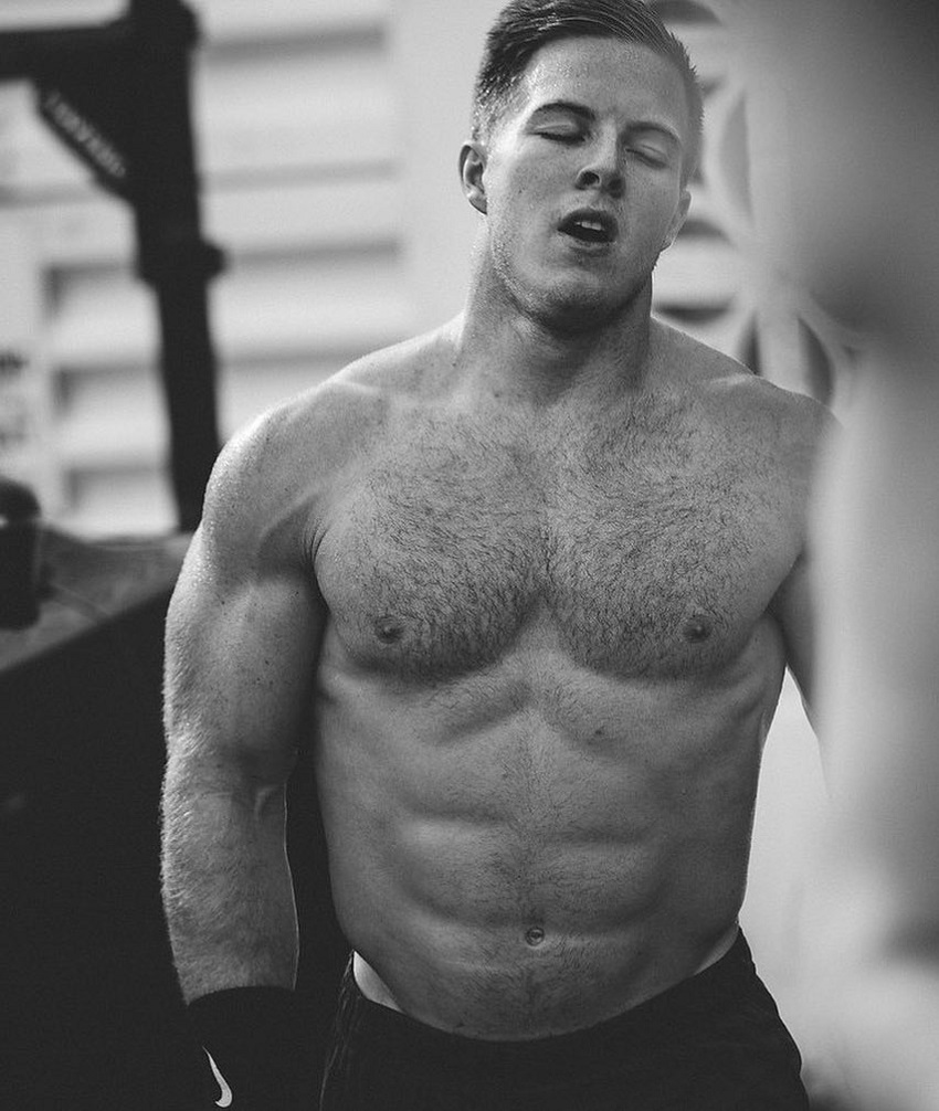 Noah Ohlsen standing shirtless during a training session, looking muscular and lean