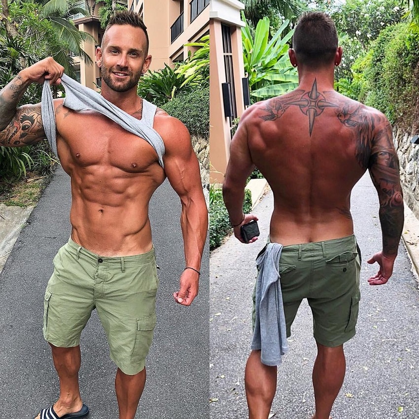 Joel Bushby flexing his abs and backs in two different photos