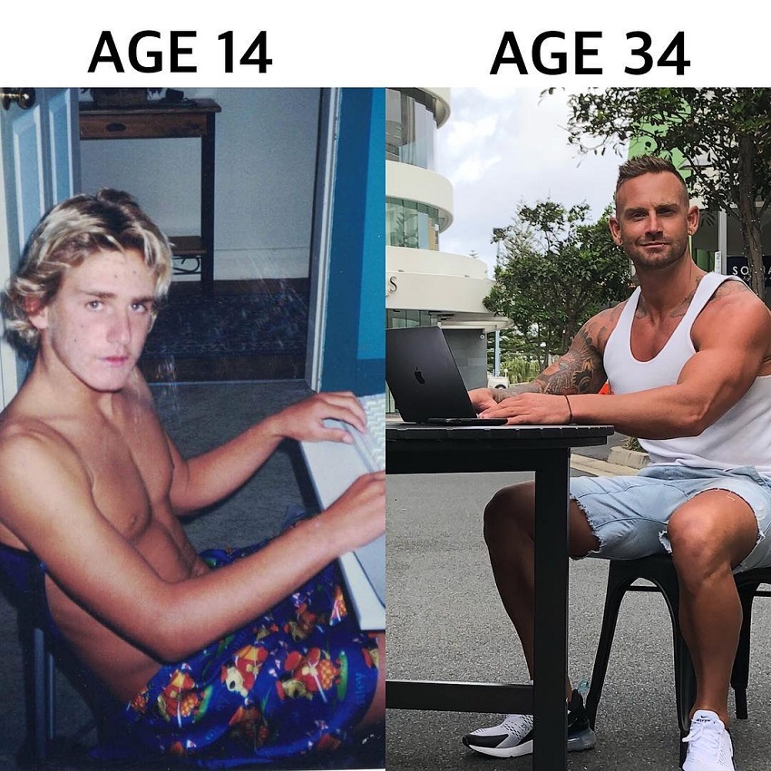 Joel Bushby at age 14 vs age 34
