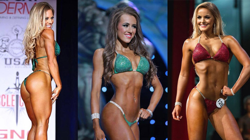 three bikini model competitors on stage