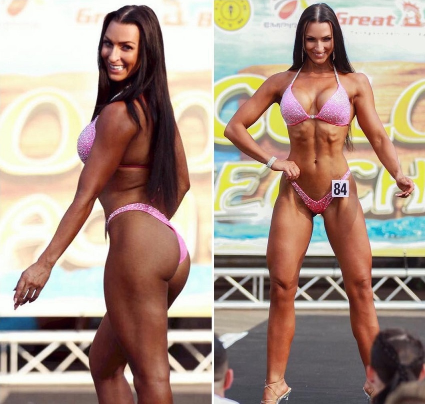 Eva Saischegg posing during a fitness contest in Austria