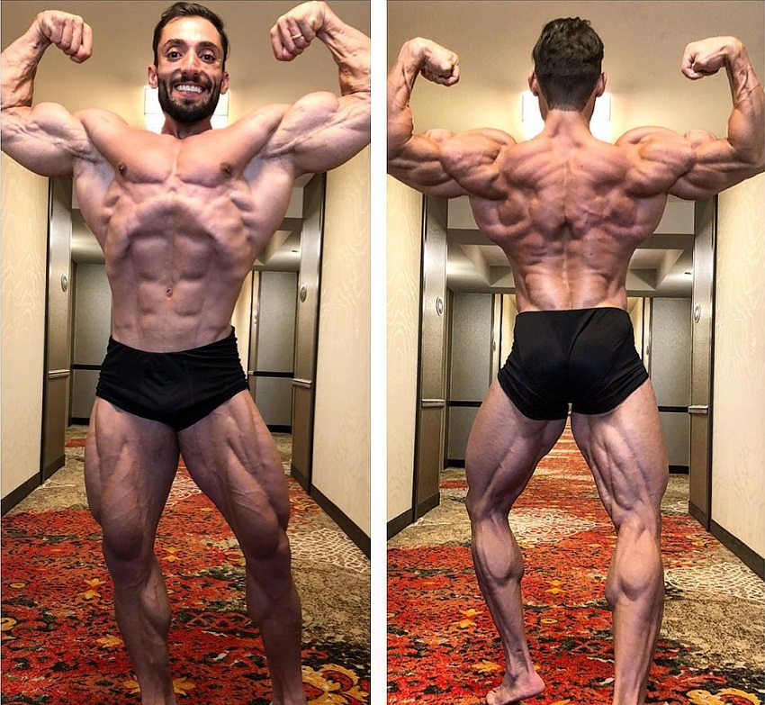 Abtin Shekarabi in two different poses looking dry, ripped, and muscular, ready for Mr. Olympia 2018 in Las Vegas