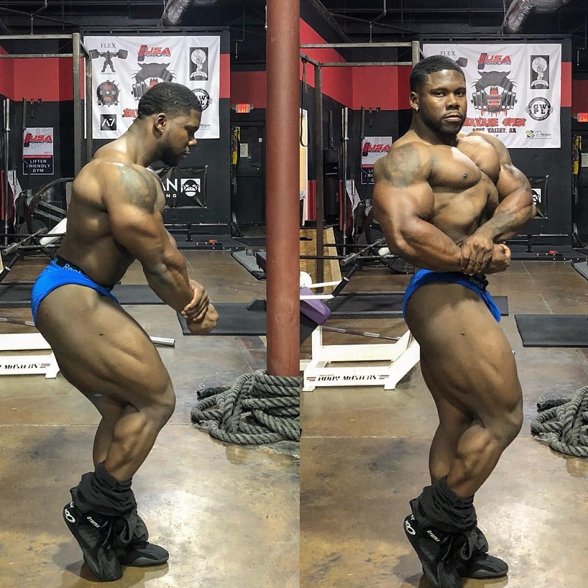 Keone Pearson in two different poses looking strong and muscular