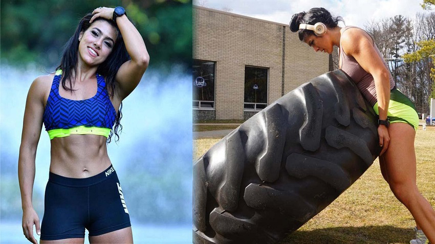 Heba Ali in two different pictures flipping a tire and posing for the camera