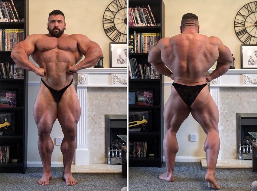 Luke Sandoe in two different pictures, spreading his lats out wide