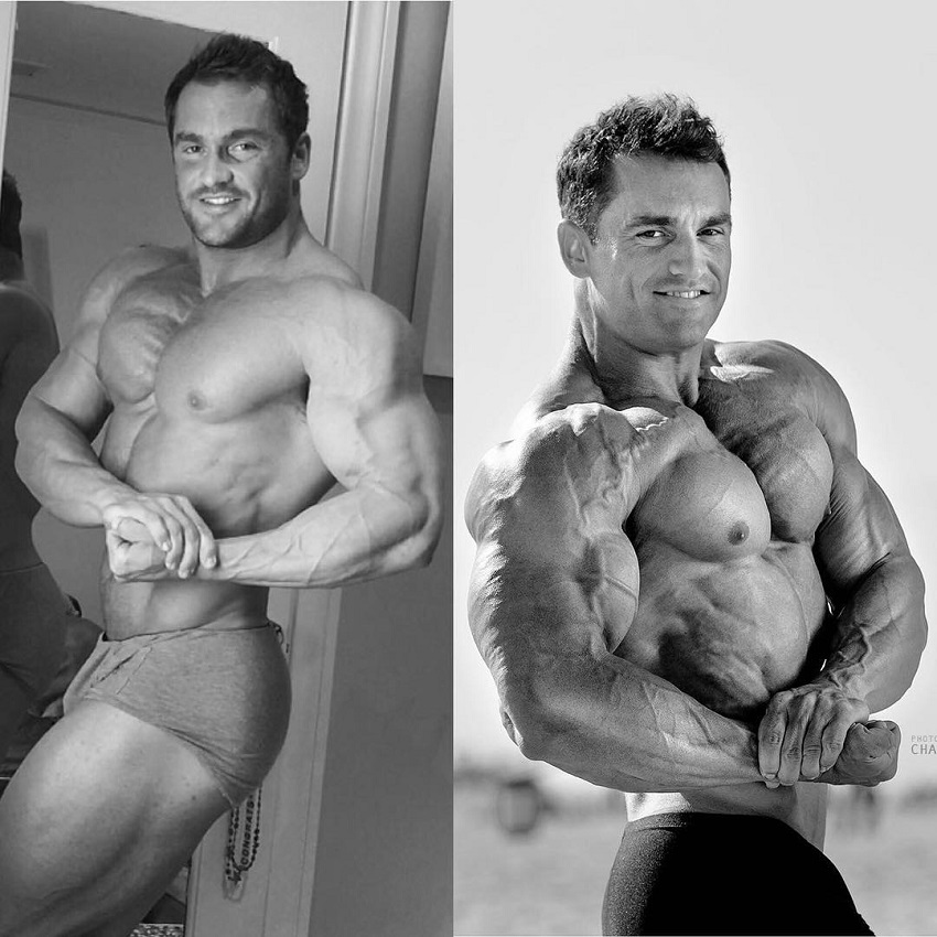 Stanimal De Longeaux doing a shirtless side chest pose, transformation before-after