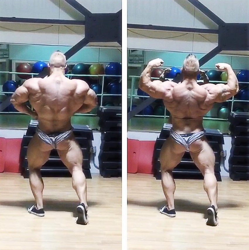 Brandon Beckrich doing a back lat spread and back double biceps pose in two different pictures, looking ripped