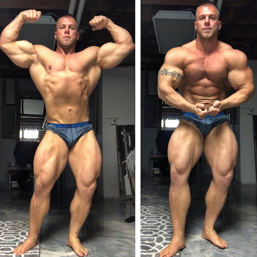 Brandon Beckrich flexing shirtless in two different pictures looking swole
