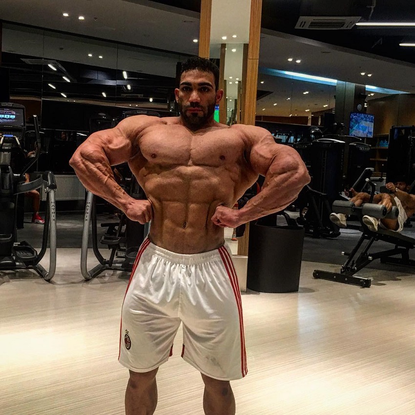 Yasin Qaderi spreading his lats wide for the camera