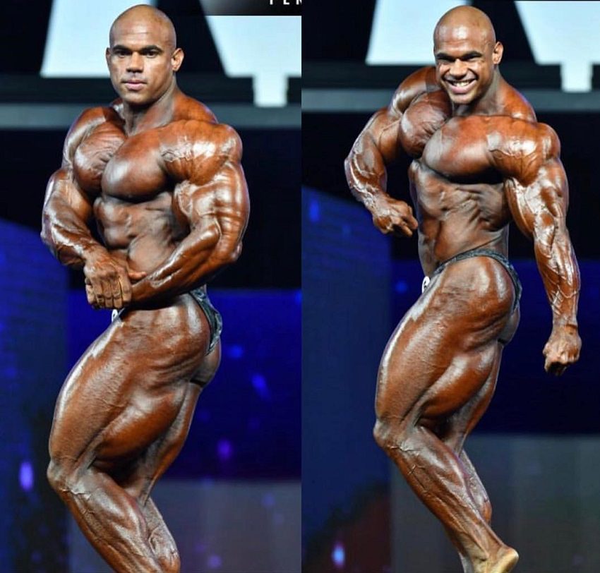 Alexis Rivera Rolon performing a side flex pose on the bodybuilding stage