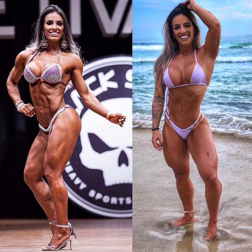 Aline Antiqueira in two different photos, posing in the same bikini on the fitness stage and on the beach