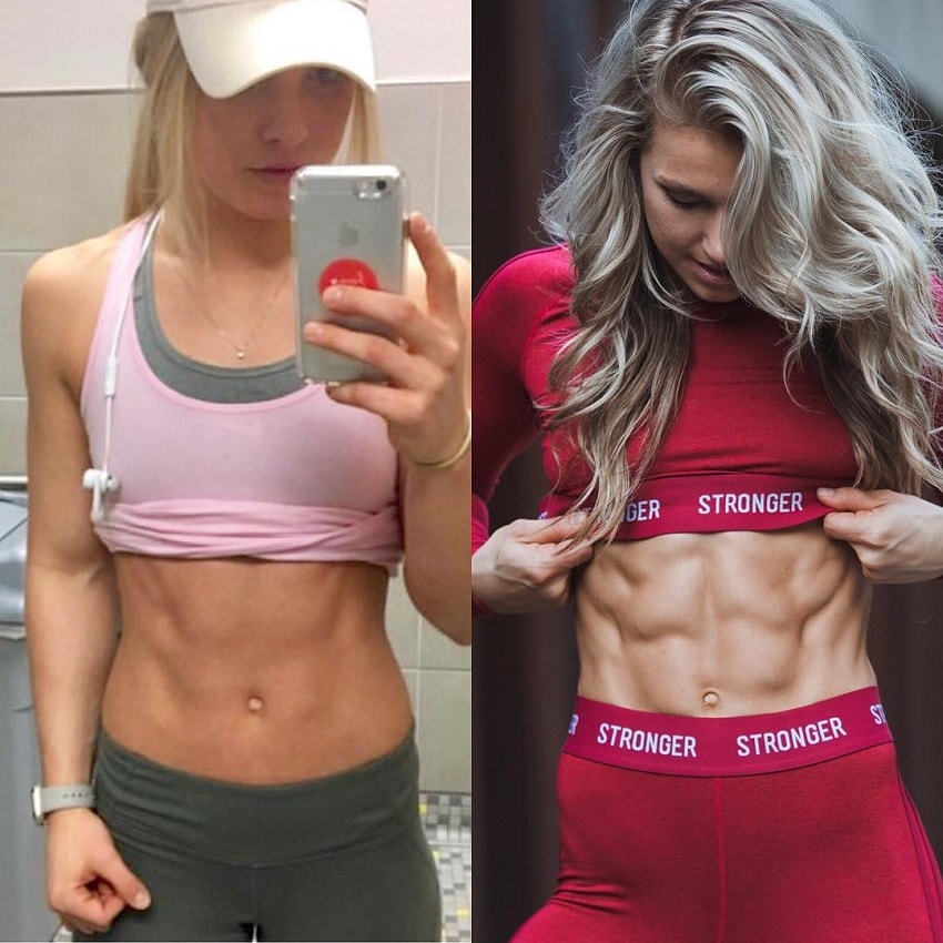 Claire P Thomas' flexing her abs in two pictures, before and after