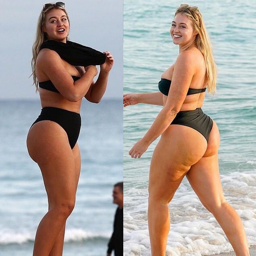 Iskra Lawrence standing on the beach showing off her curvy body in an unedited and un-retouched photo