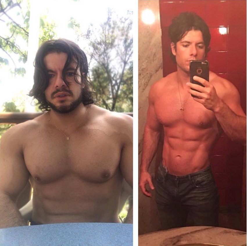 Lucas Giovani selfie comparison of his body before and after, looking muscular and lean