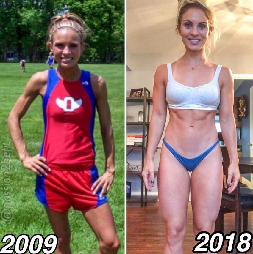 Ashley Nordman before-after fitness transformation, from unhealthily skinny to fit and toned