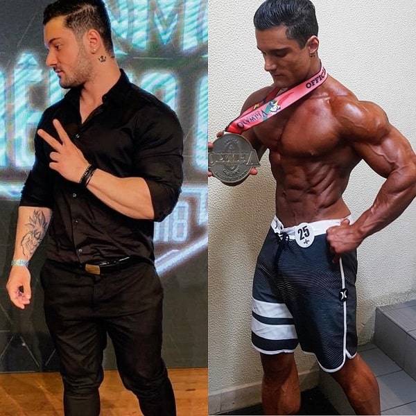 Rafael Rey before-after photo posing shirtless with a bodybuilding trophy