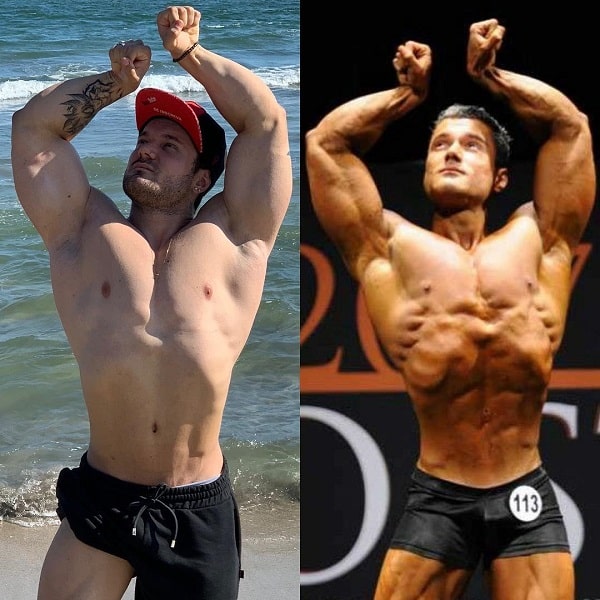 Rafael Rey posing shirtless flexing his muscles in a before-after photo