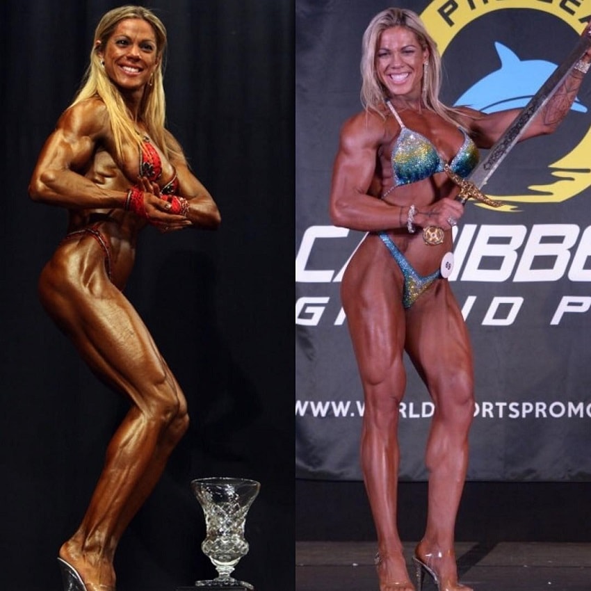 Dora Rodrigues posing on the fitness and figure stage with her trophies