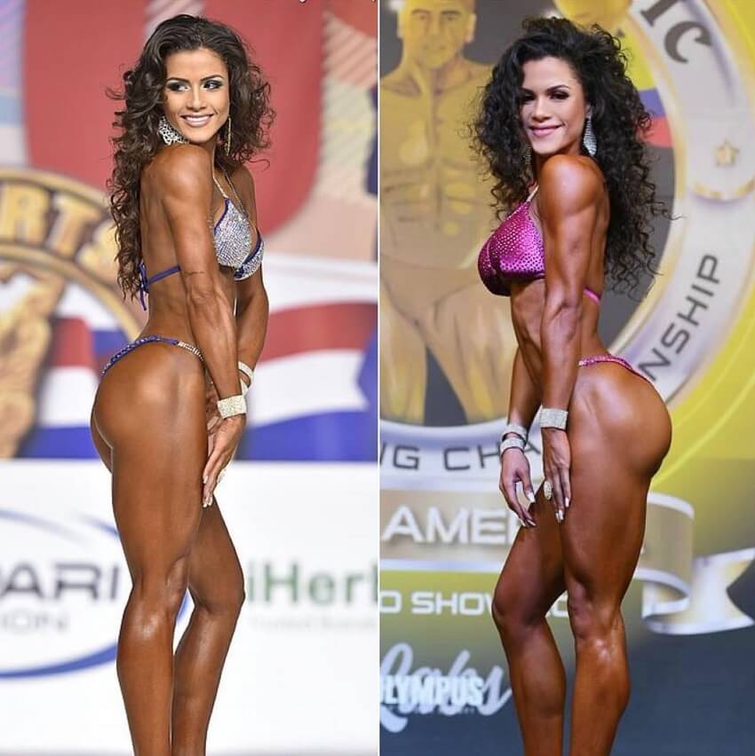 Etila Santiago posing on a fitness bikini stage, before-after