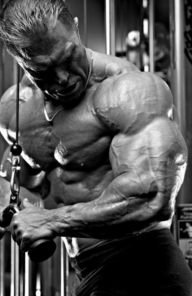 Gary Strydom doing triceps cable pushdowns, looking ripped and huge