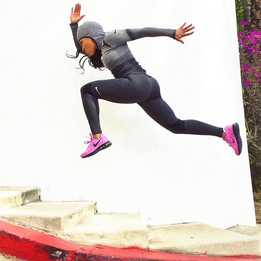 Jeanette Jenkins running up the stairs in her sports clothes