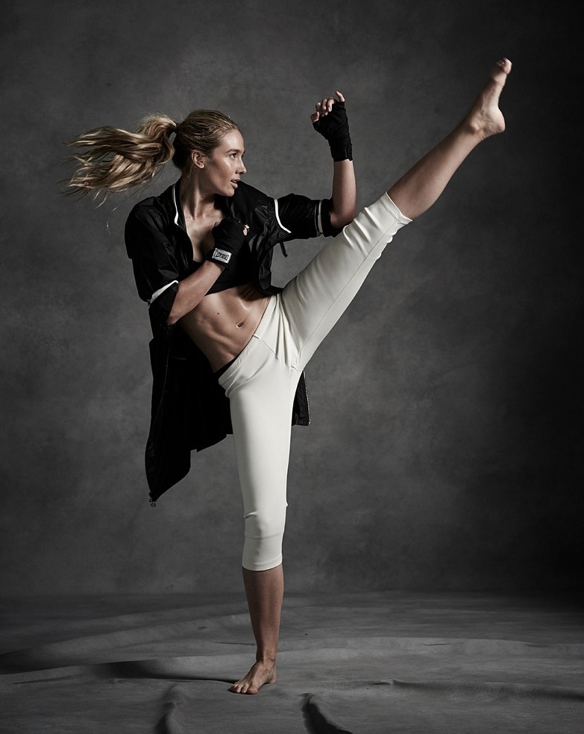 Natalie Uhling performing a high leg kick