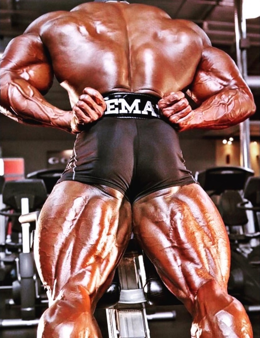 Toney Freeman doing back extensions in the gym, looking gigantic