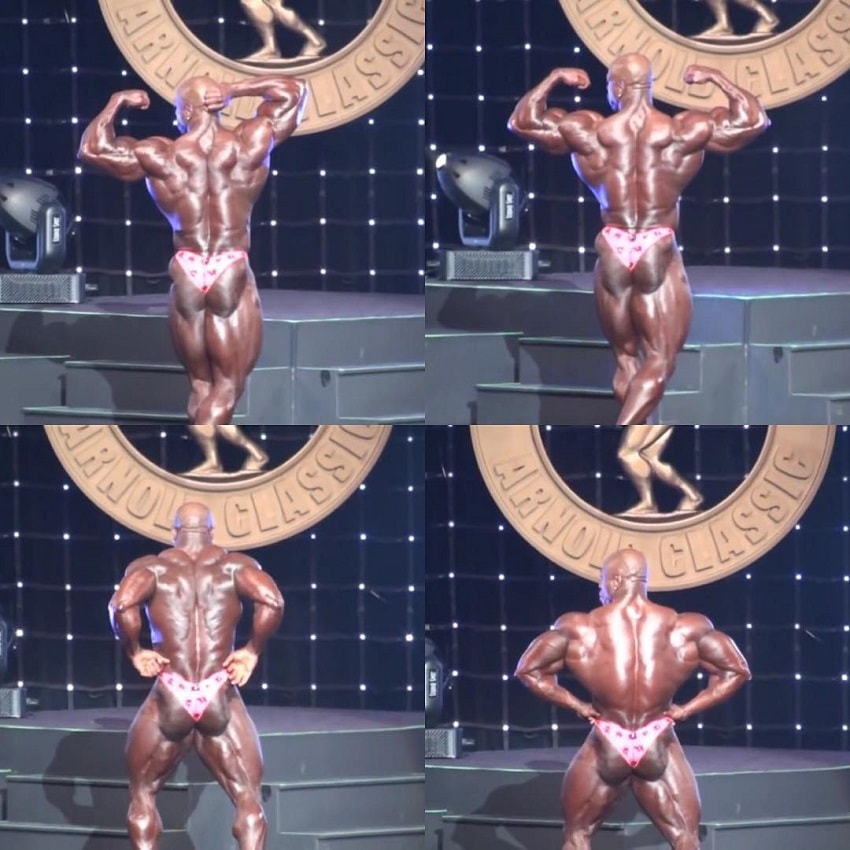 Toney Freeman in different poses on the Arnold Classic bodybuilding stage