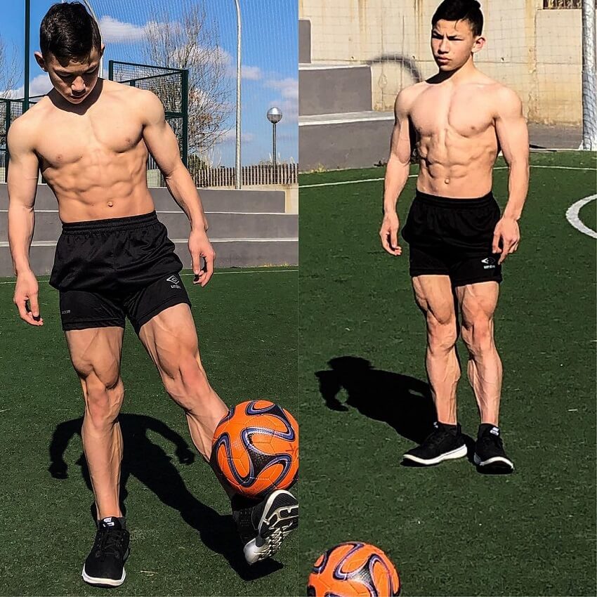 Tristyn Lee posing shirtless with a ball