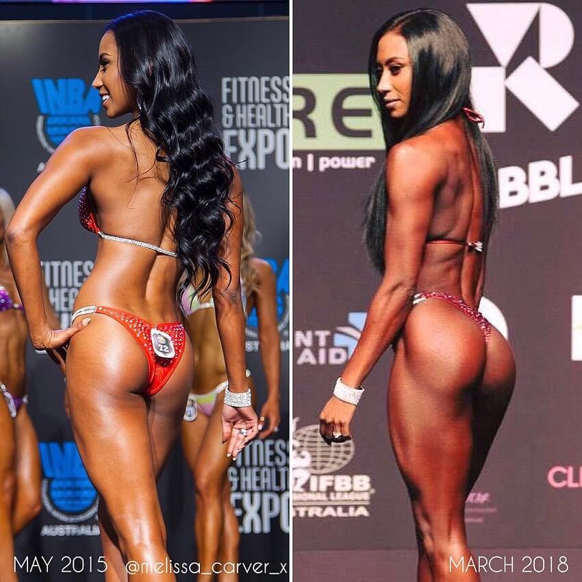Melissa Carver fitness transformation on the stage, before-after