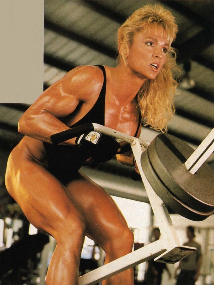 Tonya Knight doing T-Bar rows in a gym