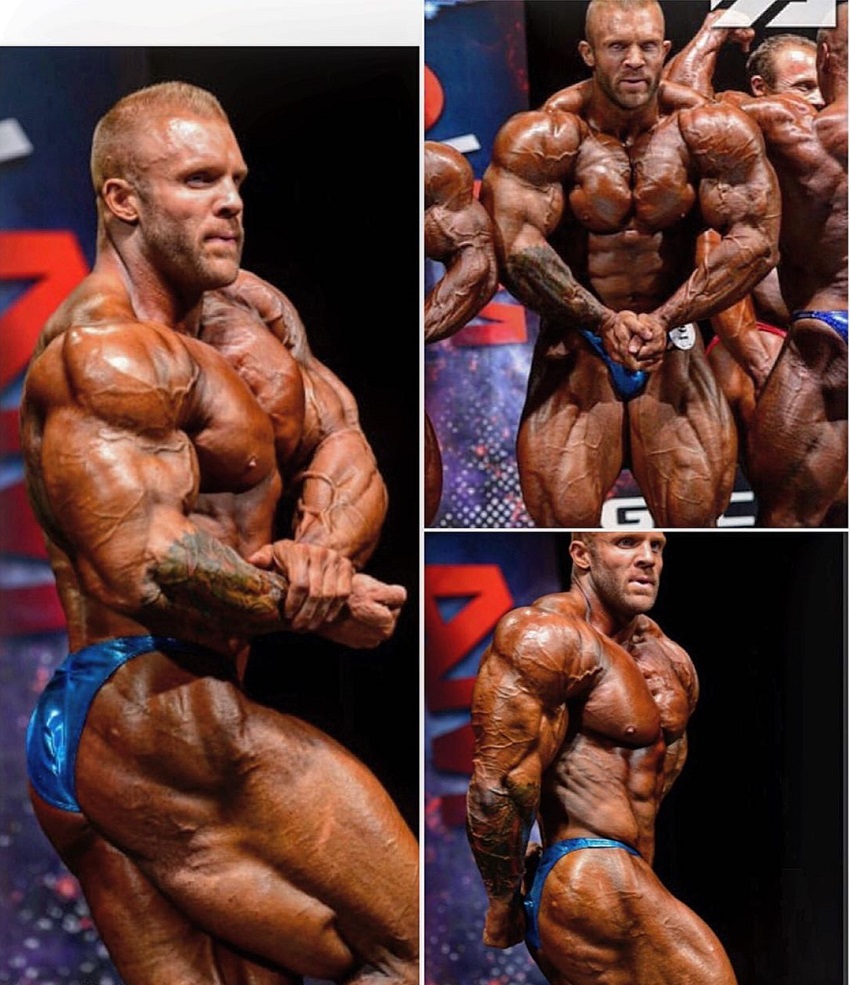 Iain Valliere flexing in different poses on the bodybuilding stage