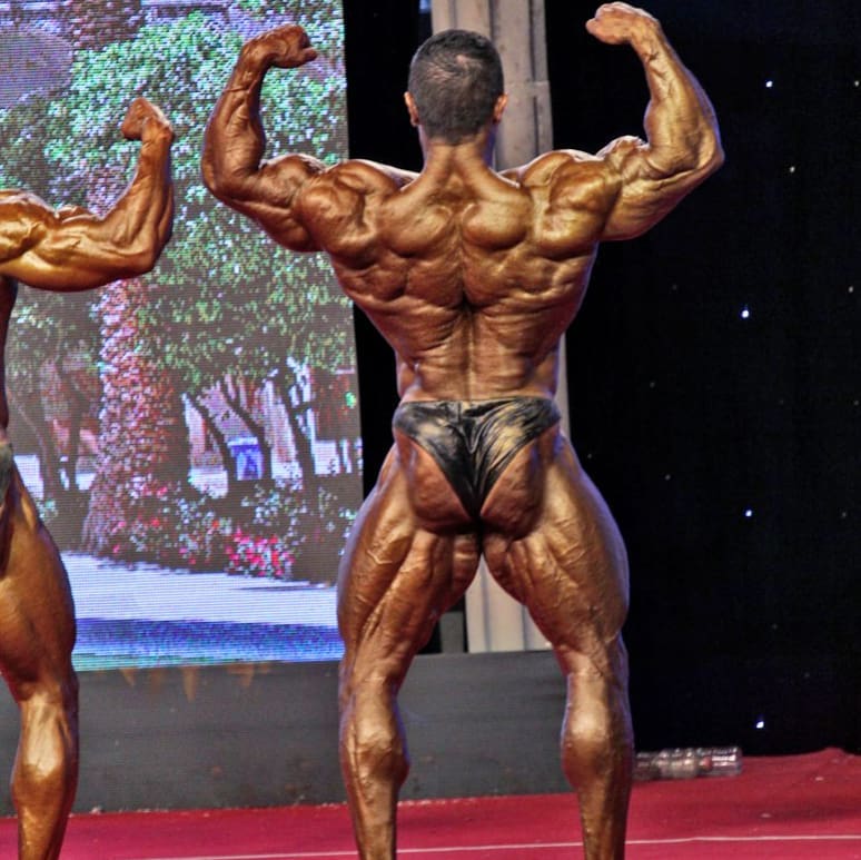 Majid Jameh Bozorg performing a back double biceps pose in a bodybuilding show